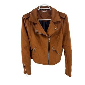 Jou Jou Brown faux Leather suede Jacket waist length Zipper Details moto L fall